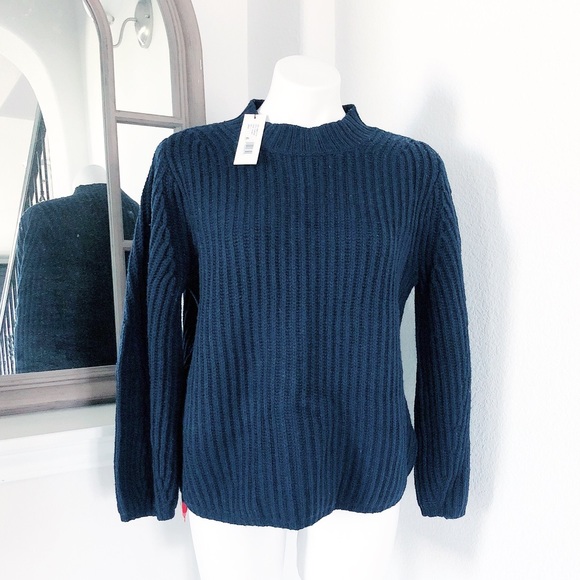 Rebecca Taylor Ribbed Navy Sweater Mock Neck Wool Blend Size L NWT $295 - Picture 3 of 9